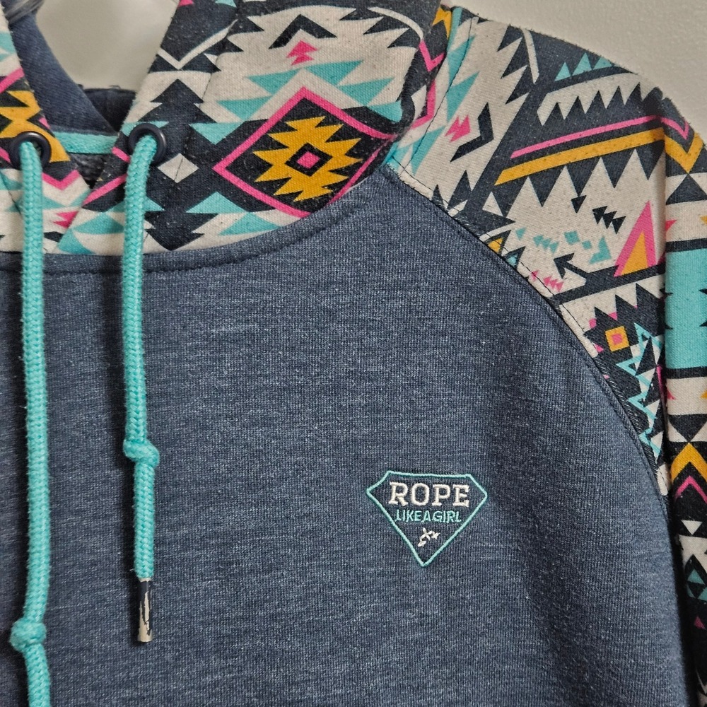 Hooey Hoodie Womens XXL Blue Rope Like A Girl Aztec Print Raglan Pullover Sweat